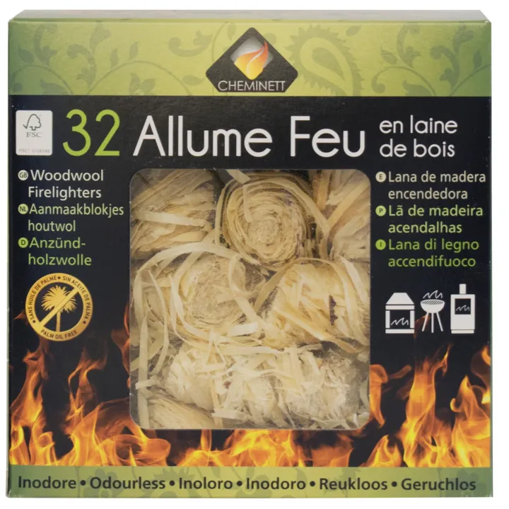 Allume feu en laine de bois FSC inodore, pour cheminée et barbecue - Ersho