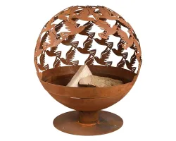 Brasero boule métal rouille motif oiseaux - Ersho