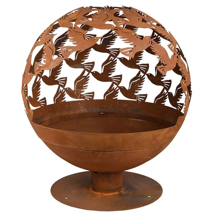 Brasero boule métal rouille motif oiseaux - Ersho